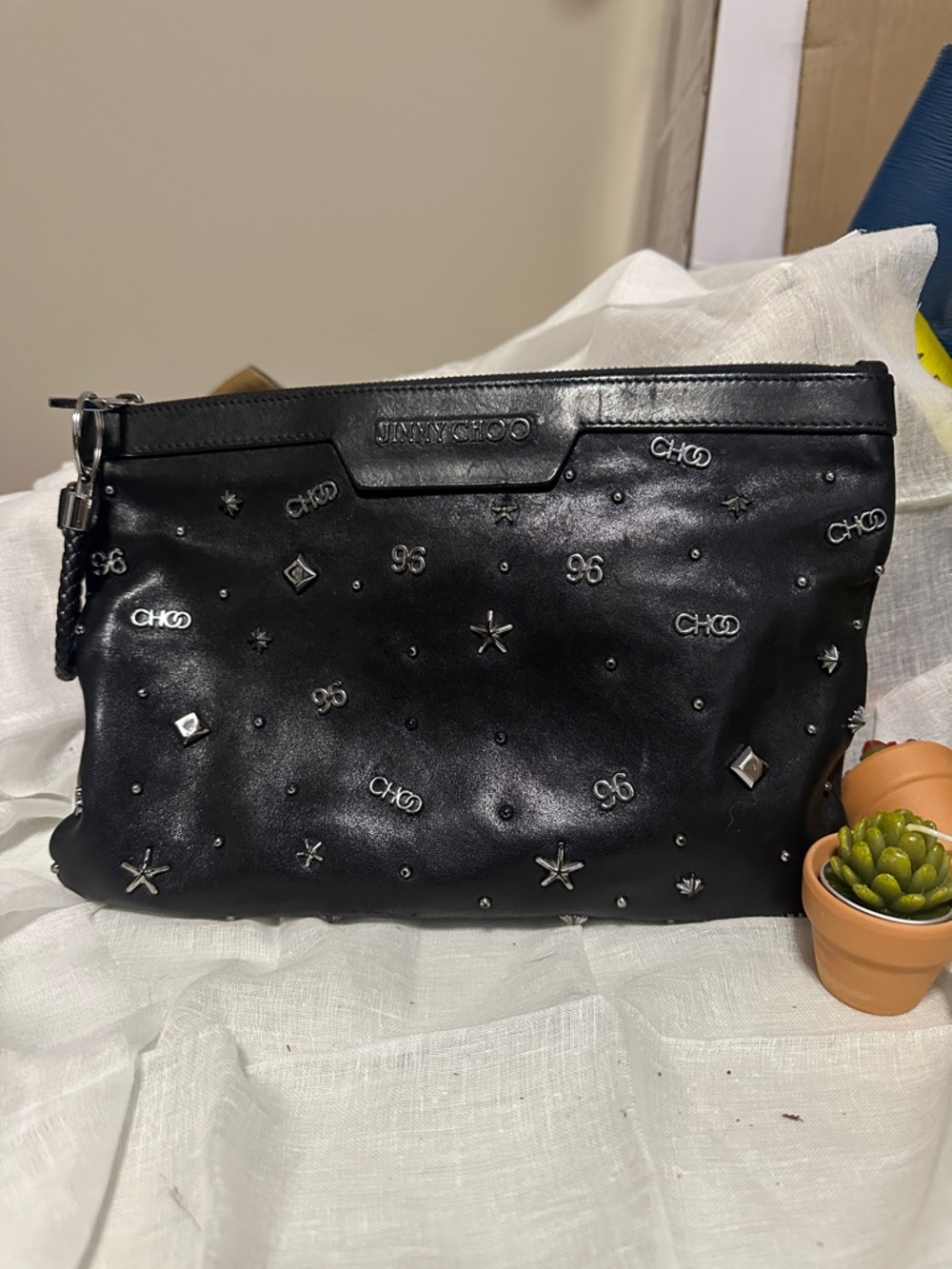 Jimmy Choo Derek Black Silver Studded Leather Wristlet Clutch